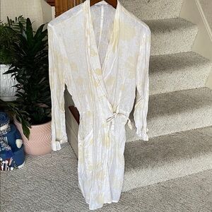 FLAX Elegant White Floral Pure Linen Women's Robe